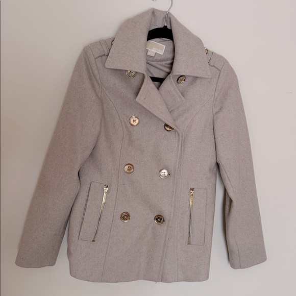 Michael Kors Women Light Tan Pea Coat with Gold Buttons Double Breasted Small - Picture 1 of 7